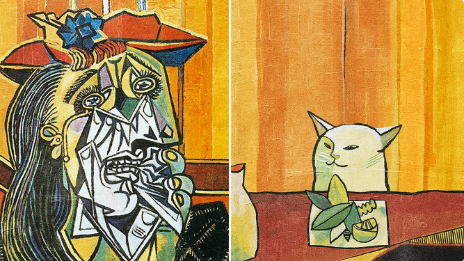 Мем с котом в ресторане в стиле Пабло Пикассо
