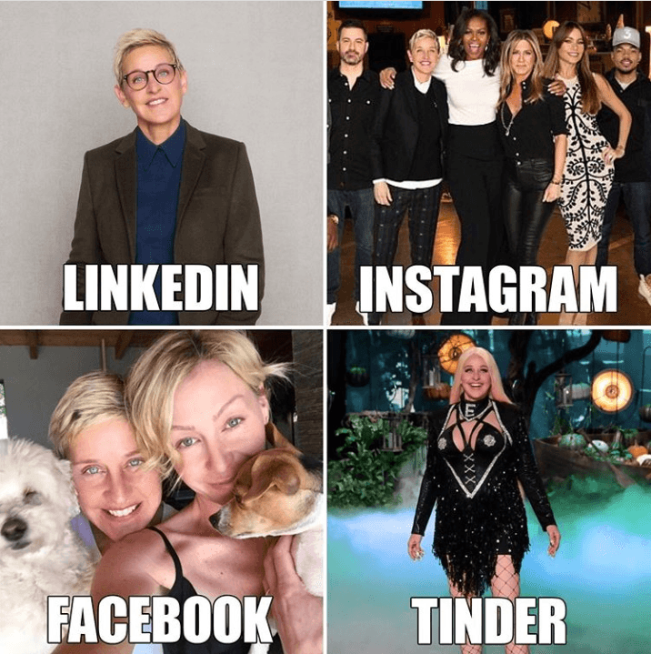Linkedin, Facebook, Instagram, Tinder