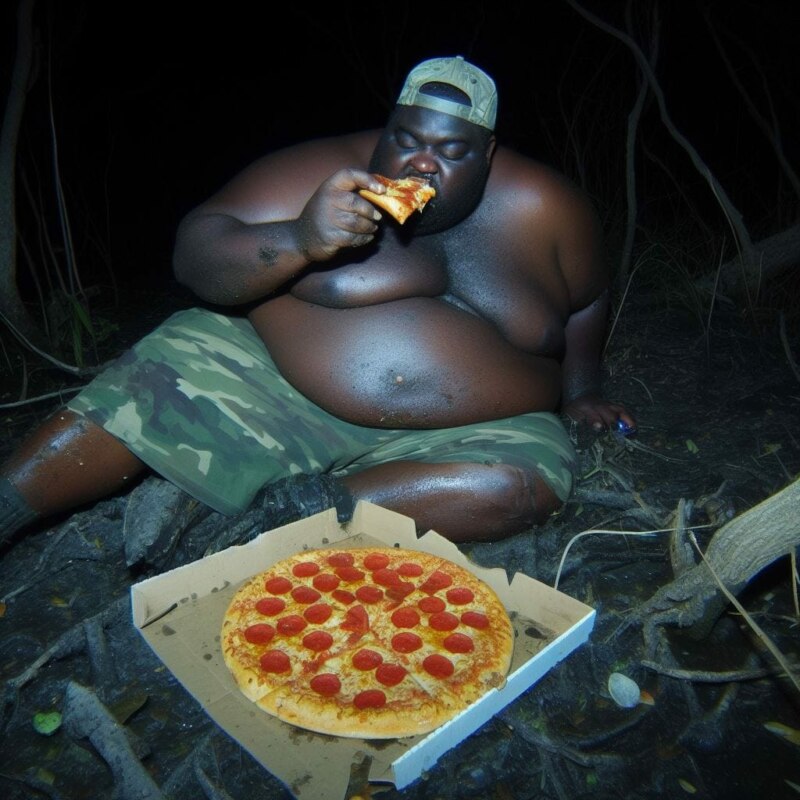 Толстяк ест пиццу и бьет аллигатора (Fat man eats pizza and kicks an alligator) 